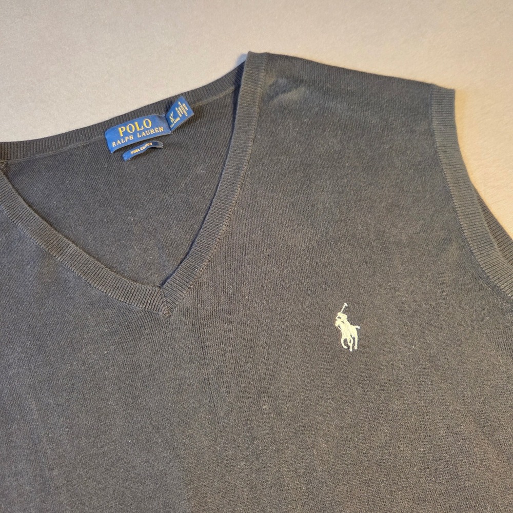 Polo Ralph Lauren Mens L T Black Pima Cotton V-Neck Sweater Vest Pony Logo